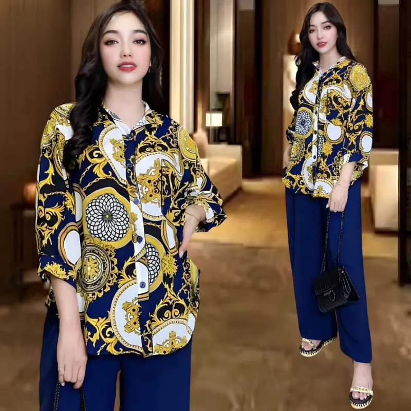 Setelan Wanita Crinkle MELISA LD 120 - Atasan Kemeja Oval Celana Lurus Bahan Crinkle Airflow - Muslim Tunik Kancing Casual Dewasa Motif Nyaman Panjang Baju Katun Standar Variasi Nyaman Panjang 1