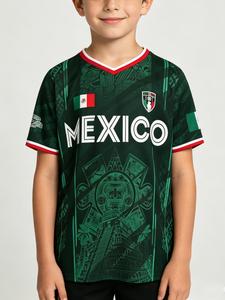 Camiseta de fútbol para niño con impresión del escudo de la bandera mexicana, manga corta, ajuste entallado y cuello en V; camiseta deportiva casual; equipo de entrenamiento para todas las estaciones con patrón Maya.