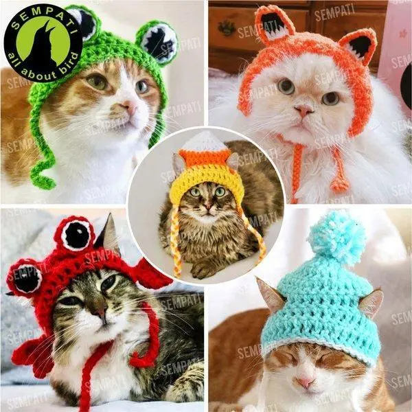 SEMPATI Topi Kucing Rajut Motif Kodok Katak Baju Mainan Kucing Pet Bucket Frog Hat Crochet Aksesoris Hewan Lucu Kitten