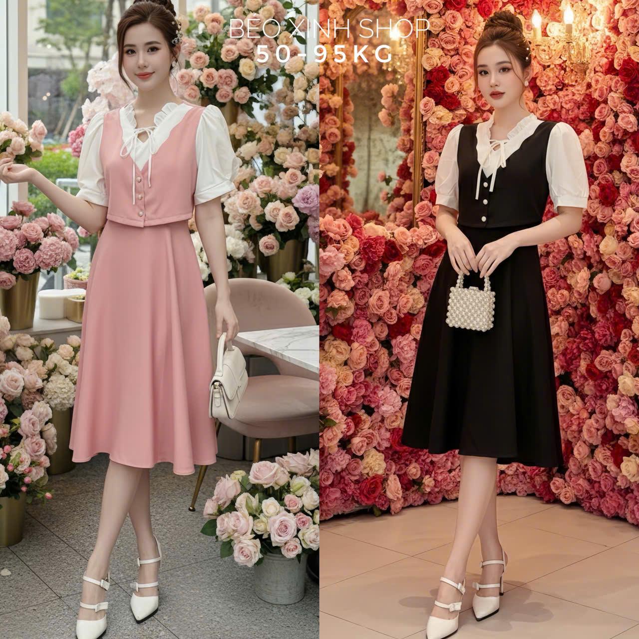 Thời Trang Bigsize Set Váy Áo Dự Tiệc Nữ Vải Cotton Lạnh 50 - 90Kg Dễ Thương Nữ Dress Đen Women - A.1158