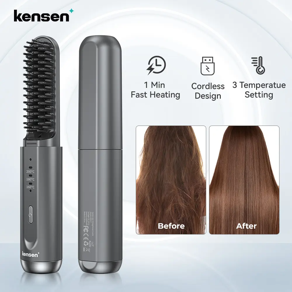 KENSEN Cordless Ionic Hair Straightener Brush USB Rechargeable Wireless Comb 3 Temperature Adjustment 2 in 1 Hair Straightening Brush Hot Curling Iron Hair Curler For Men Women hairstyle r Comfort
