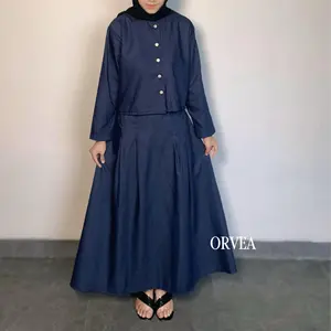 [READY] ORVEA Naima One Set Denim Wanita Premium | Setelan Jeans Wanita Rok Panjang Mayung Set Muslimah Elegant