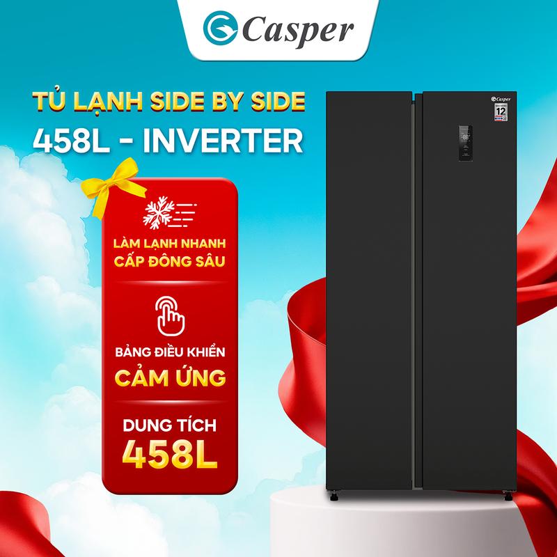 Tủ lạnh Side by Side Casper Inverter 458L RS-E460PBS11 - Tiết kiệm điện làm lạnh nhanh - Chính hãng - Bảo hành 2 năm