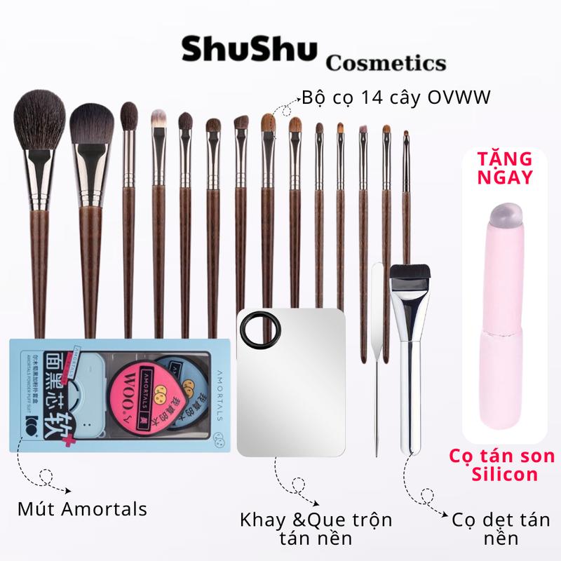COMBO Bộ Dụng Cụ Makeup Cơ Bản Cao Cấp Đầy Đủ Bộ Cọ 14 Cây OVW Mút Amortals Màu Ngẫu Nhiên Khay Tán Nền Và Cọ Dẹt SHUSHU COSMETCS