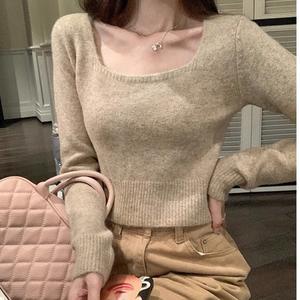 Sexy Square Neck Knit Sweater for Women, Fall Winter Slim Fit Thick Pullover, Casual Fashion Top, Comfortable Daily Wear 8504# Knitwear Lingerie Womenswear Basic Longsleeve Minimalist