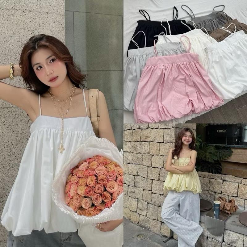 Áo bí 2 dây dáng rộng có dây áo điều chỉnh chất gió nhăn 2 lớp dilyshop - A123