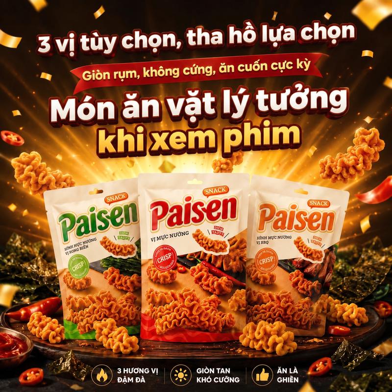 Paisen Snack Mực Nướng Giòn - Combo Vị Bò, Cay Tê, Rong Biển, Đồ Ăn Vặt Thơm Ngon Giòn Rụm, Snack Mực Nướng Đậm Vị, Ăn Vặt Tiện Lợi Khi Xem Phim, Đi Chơi, Mang Ra Ngoài, bimbim