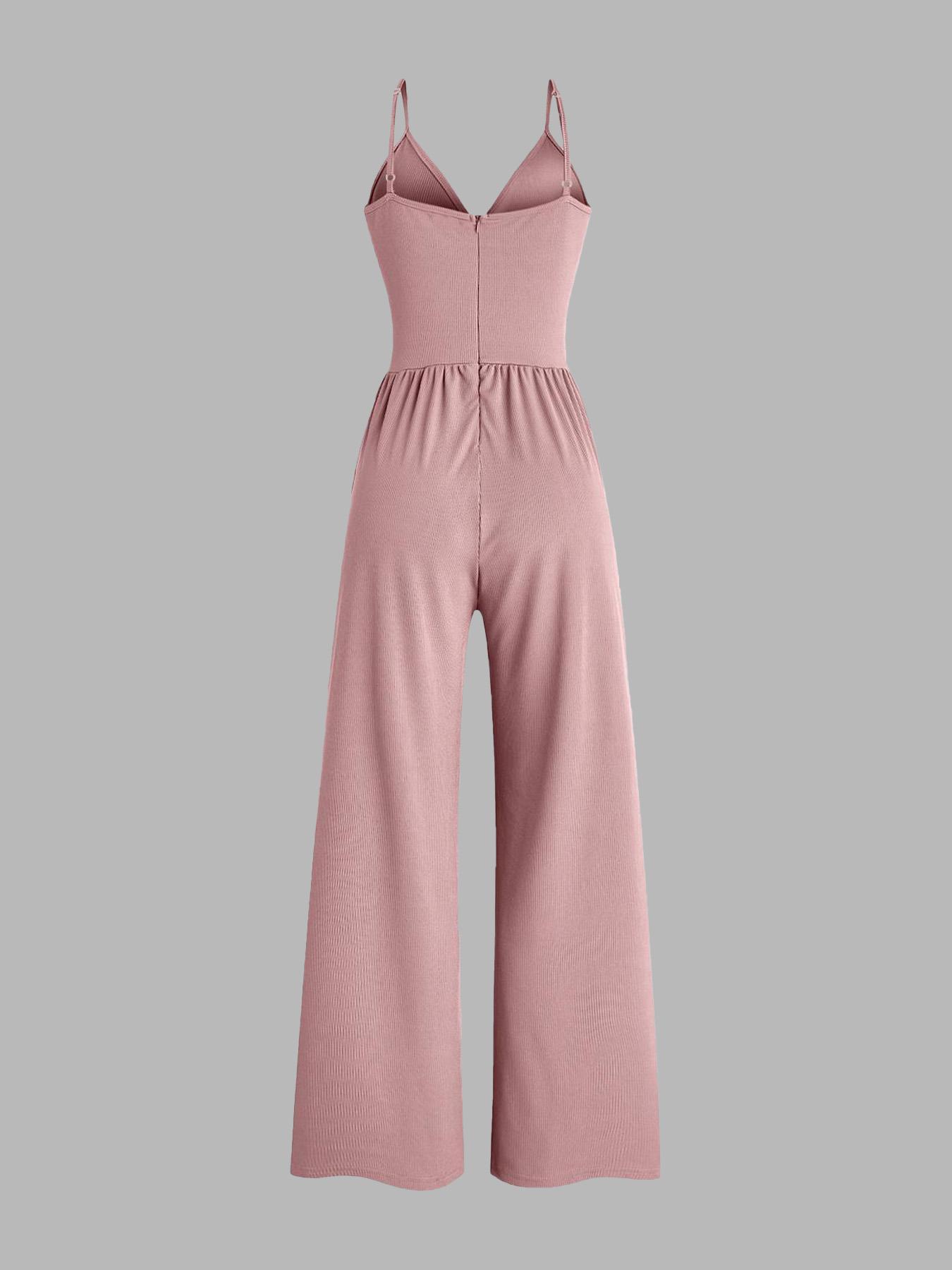 Women's Solid Plicated Ribbed Wide Leg Cami Jumpsuit, Summer Outfits 2024, Casual Sleeveless Spaghetti Strap High Waist Jumpsuit for Daily Wear