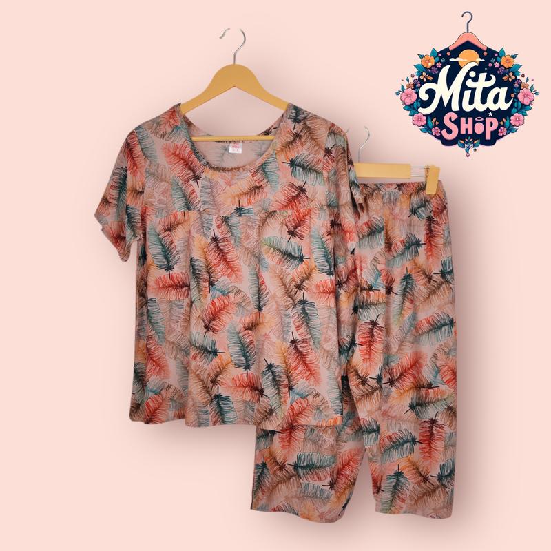 Đồ Bộ Nữ Trung Niên Quần Lửng Tay Ngắn - Tole Nhung Họa Tiết Hoa Lá - Big Size 49-90kg Mềm Mịn Thoáng Mát Thanh Lịch | Quần Áo Nữ Women Top