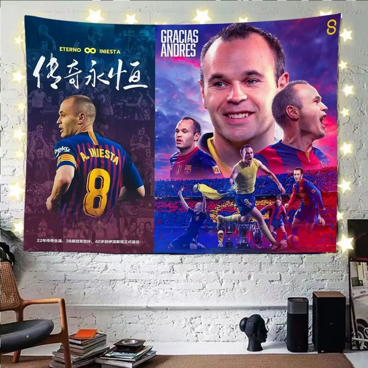 Latar belakang sepak bola Iniesta bintang Barça, kain gantung, hiasan samping tempat tidur kamar asrama