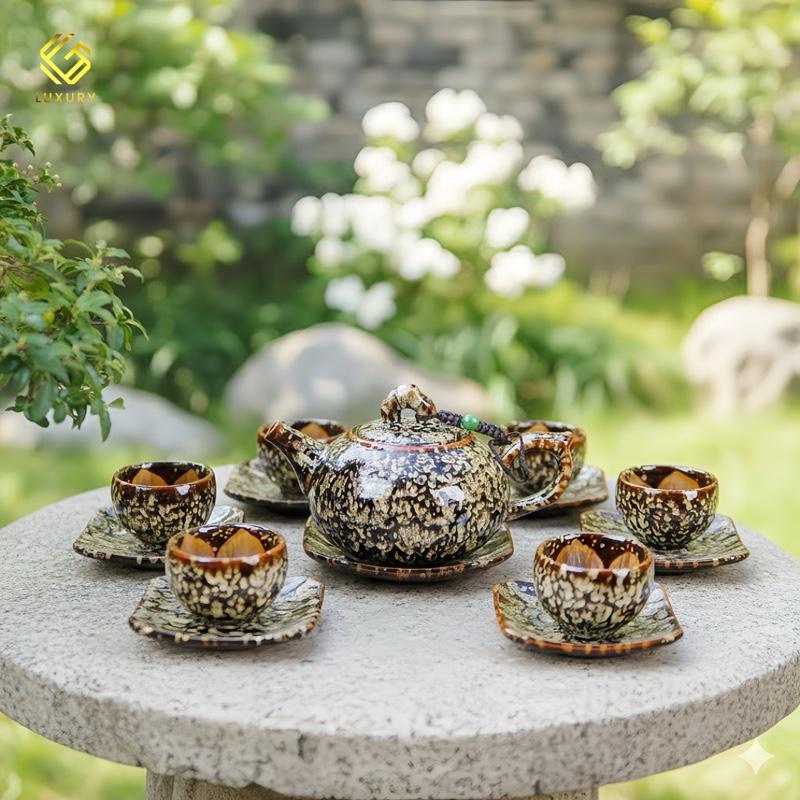 AT Bộ Ấm Chén Quả Hồng Hoàng Kim Sa Ánh Tuyết Nghệ nhân Nguyễn Văn Hải - Ấm chén Bát Tràng - Gốm Sứ Luxury