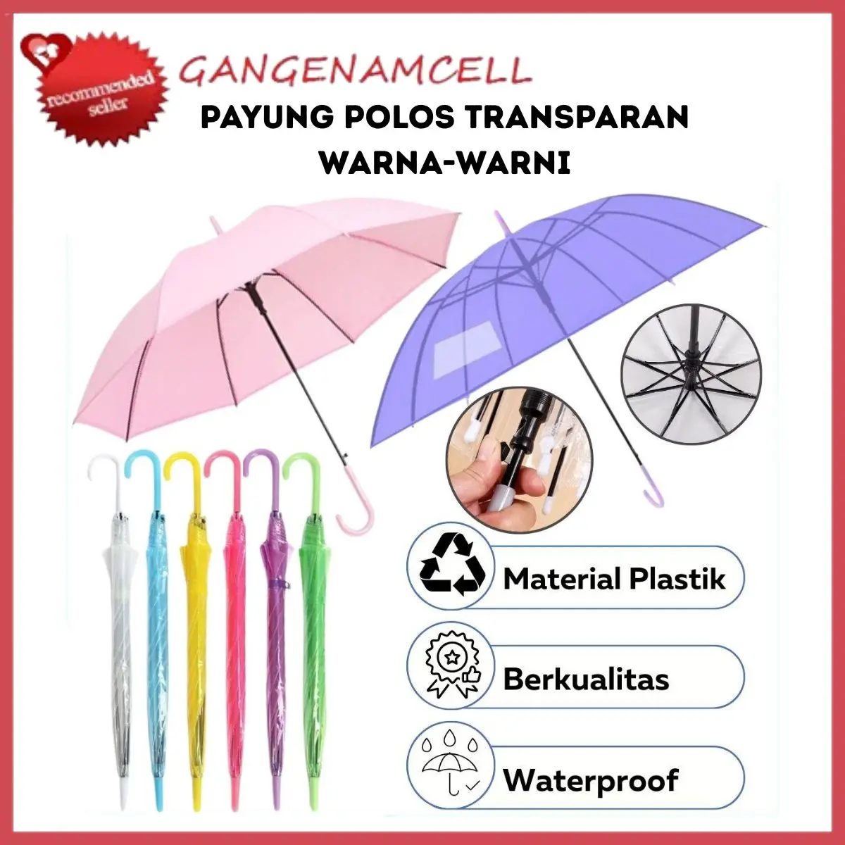 Payung Transparan Korea Style Polos Warna-Warni / Umbrella Fashionable Payung Tongkat Lipat Bening Simple Elegan Unik Lucu Multifungsi