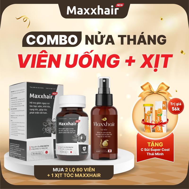 [COMBO NỬA THÁNG LỌ VIÊN UỐNG + XỊT]: Mua 1 lọ viên uống MAXXHAIR + 1 Xịt tóc Maxxhair - Sản phẩm dành cho người bị rụng tóc nhiều và hỗ trợ giúp tóc chắc khoẻ - Lọ 60 viên, Xịt 150ml