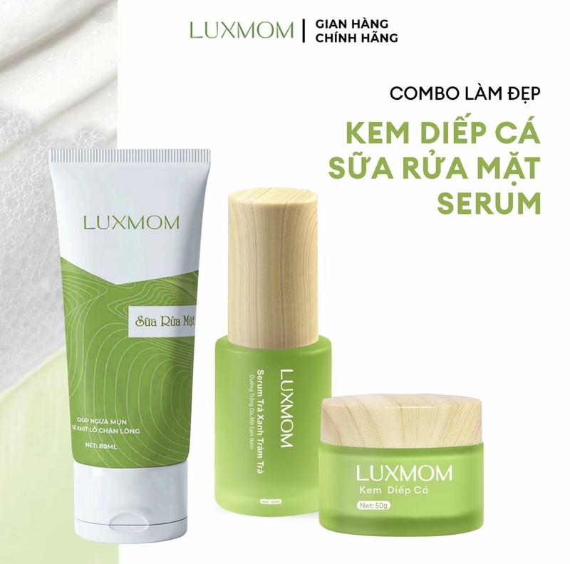 Luxmom Bộ Ba Chăm Sóc Da Mẹ Bầu & Sau Sinh Gồm Kem Diếp Cá Sữa Rửa Mặt Và Serum Trà xanh Dưỡng Ẩm Mờ Thâm Sạm An Toàn Cho Da Nhạy Cả