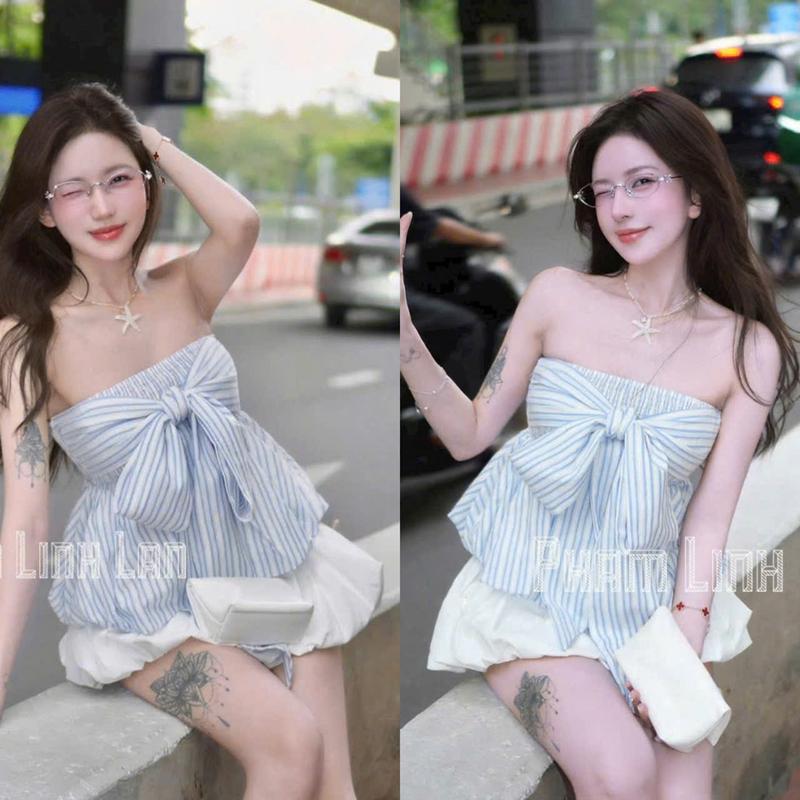 Set đồ nữ áo lenin cúp ngực cột nơ tùng bí (có mút ngực) phối chân váy bí đũi hàn sang chảnh, xinh xắn, dễ thương phù hợp cho các nàng diện đi tiệc, đi du lịch