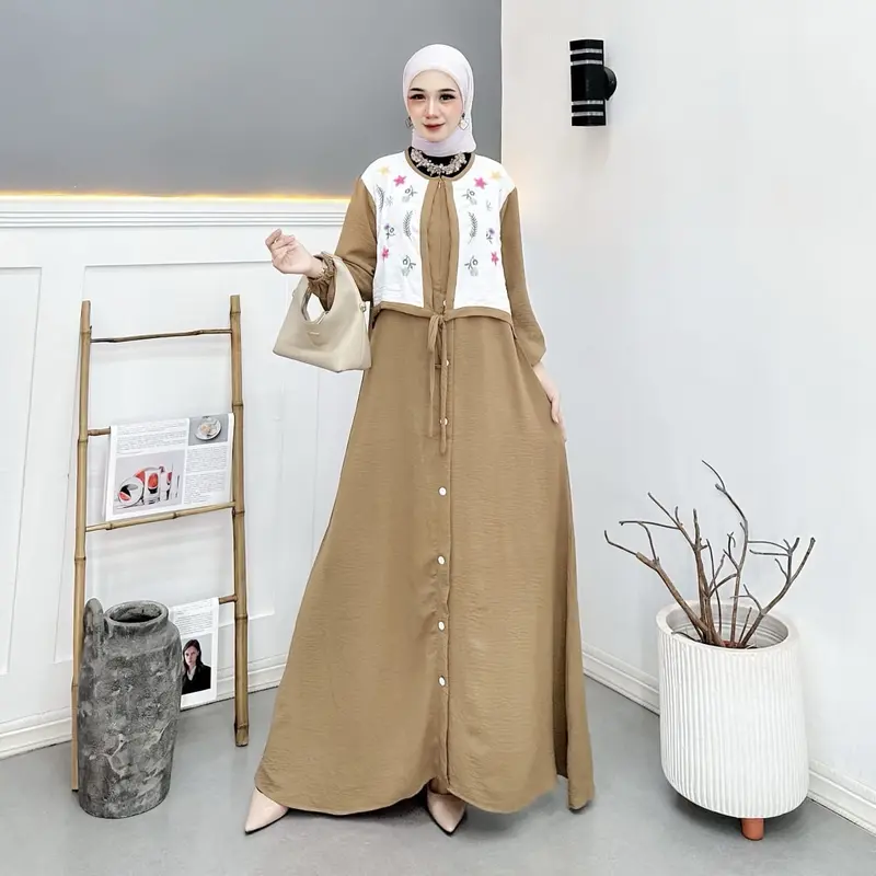 Gamis Rompi Bordir Wanita Terbaru Gamis Crinkle Airflow Pakaian Muslim Mewah 5