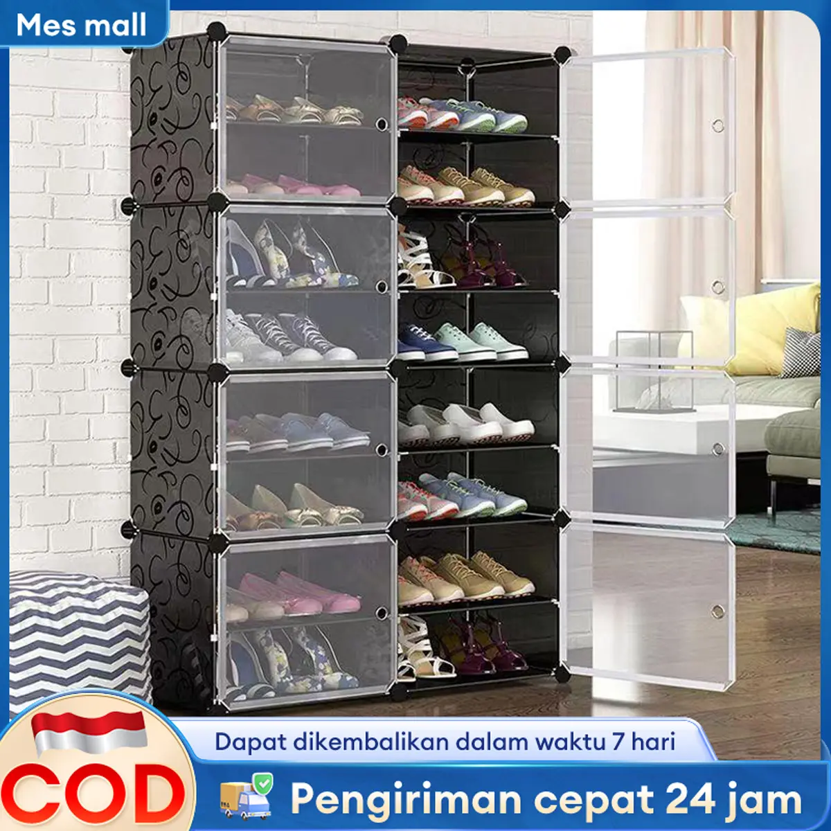 [COD Kirim 24 Jam] Lemari Sepatu Lipat Multifungsi Tahan Air dan Anti Debu, Rak Sepatu Plastik Kapasitas Besar Mudah Dipasang Hemat Ruang dengan Pintu Tertutup, Cocok untuk Rumah, Kamar Kos, Apartemen, Warna Putih atau Hitam