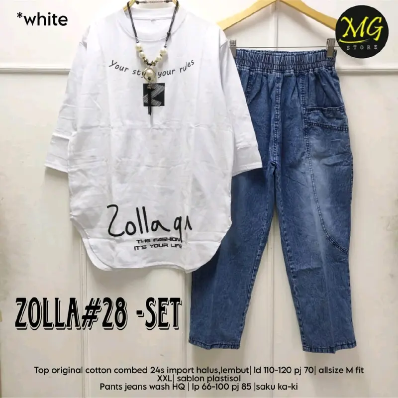 ZOLLA SET #28 Setelan Wanita Dewasa JUMBO atasan Combed 24s TEBAL Celana Jeans Wash HQ • Desain kasual Kekinian • Bisa COD 3