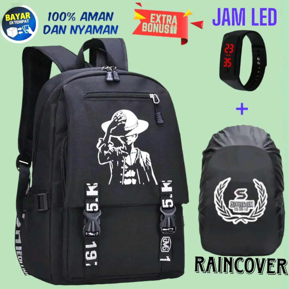 TAS ANAK SEKOLAH LAKI LAKI SD SMP RANSEL KARAKTER ONE PIECE GRATIS JAM DAN JAS HUJAN