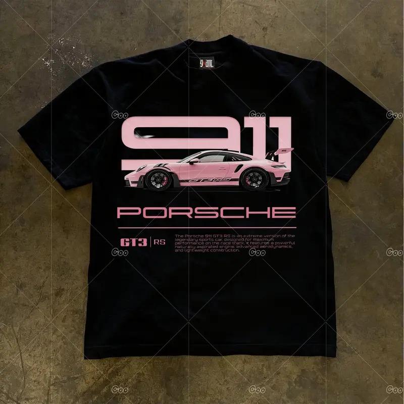 （24H SHIP）Áo thun nam nữ casual - In Porsche 911 GT3 RS xe hồng - Phong cách đua xe cá tính đường phố - Mềm mại thoải mái - Cổ tròn tay ngắn - Kiểu dáng rộng - Thời trang dễ phối - Vải co giãn thoáng khí - Áo trên thoải mái