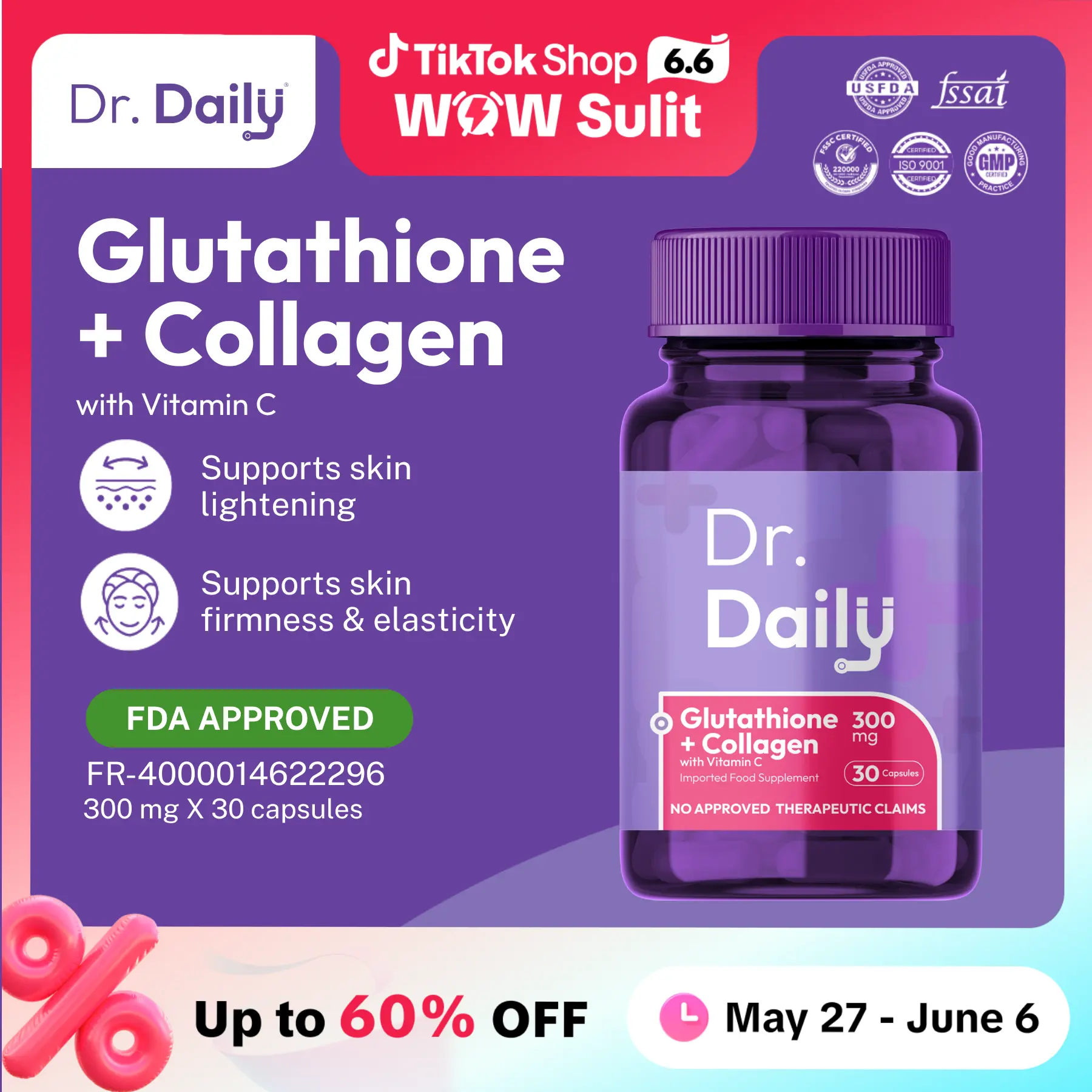 Dr. Daily Glutathione + Collagen with Vitamin C | Sodium Ascorbate, Marine  Collagen | Skin Elasticity, Lightening, Anti-Aging