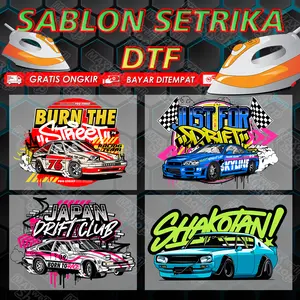 DTF Sablon Setrika Racing Drif Mobil Sablon DTF Siap Press Setrika Sendiri Dengan Desain Japan Drift Club Dan Shakotan Lebar 14 cm Kain Katun Canvas PE Parasut