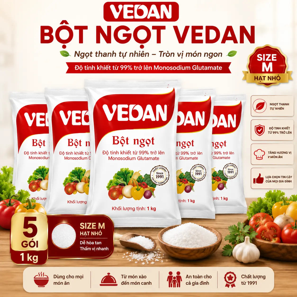 Combo 5 Gói Bột Ngọt VEDAN Hạt Nhỏ 1kg-Size M