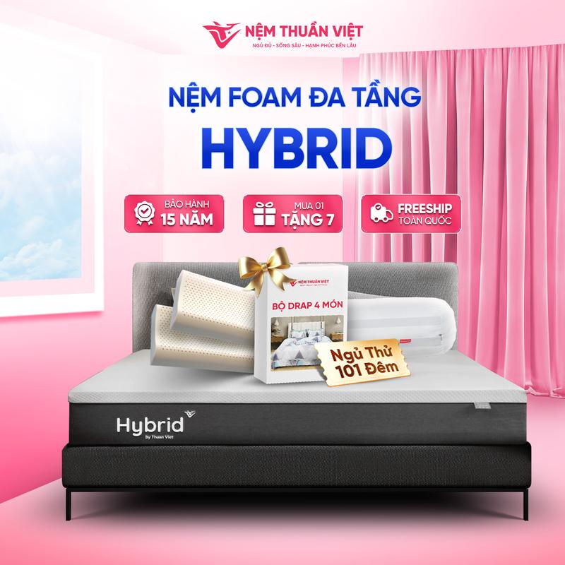 [Mua 1 Tặng 7] - Nệm Foam Latex Thuần Việt Hybrid 20cm - Kết Cấu Đa Tầng, Nâng Đỡ Êm Ái, Bảo Vệ Cột Sống Khỏe, Công Nghệ Trà Xanh Êm Ái, Thoáng Mát, Khử Mùi