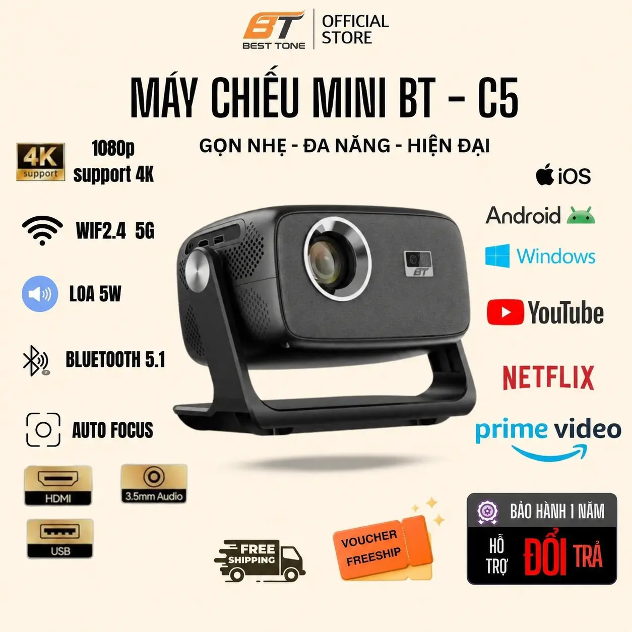 [BT ]Máy chiếu C5 đa năng - Xem phim siêu mượt, Tự động cân chỉnh góc chiếu, Wifi 6 tốc dộ cao, Màn hình 160 Inch cực chill, Rạp chiếu phim tại gia