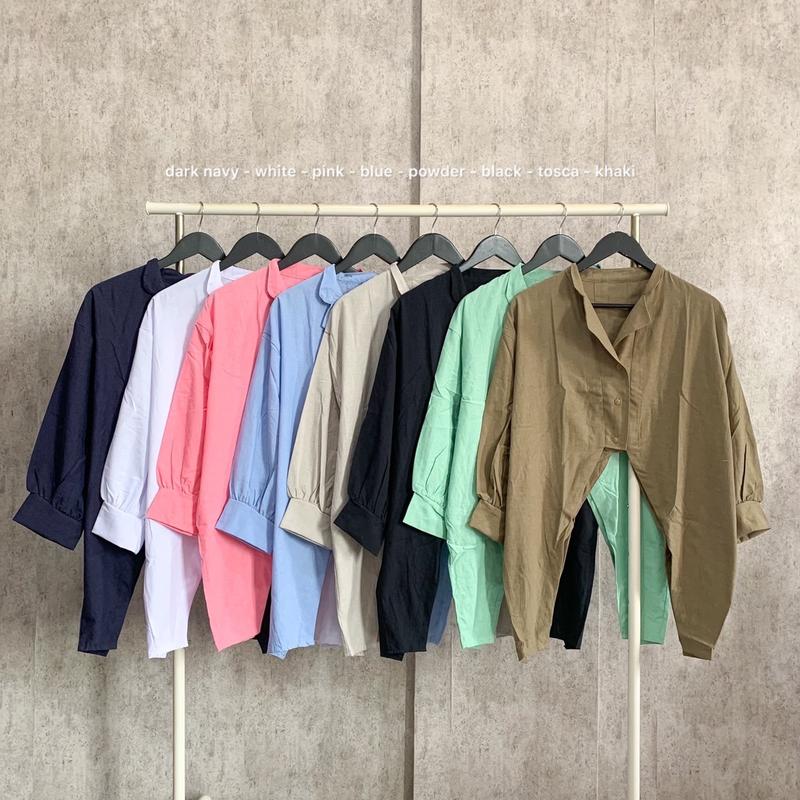 (Posy) Atasan Wanita Plain Hoppy Blouse Bahan Katun Denim Kemeja Polos Wanita Kancing 2
