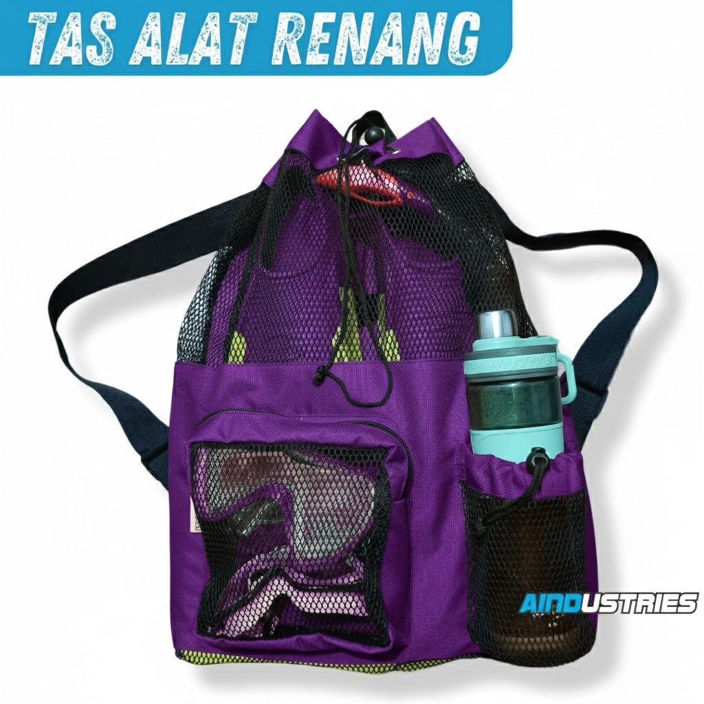 Aindustries Dry Bag Renang Swimming Suit Selam Tas Renang Jaring Ungu Multifungsi Anak Dewasa Tas Peralatan Renang Kolam & Pantai Cordura Mesh Tembus Pandang