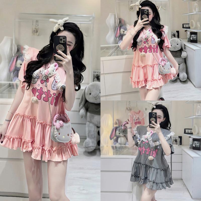 Set bộ nữ áo babydoll tăm lạnh dáng rộng phối ren tinh tế thiết kế cổ bèo phong cách tiểu thư đáng yêu. có quần trong