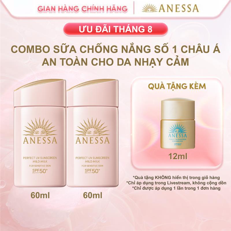 Combo Sữa chống nắng dưỡng da dịu nhẹ an toàn cho da nhạy cảm và trẻ em Anessa Mild Milk SPF50+ PA++++ 60mlx2