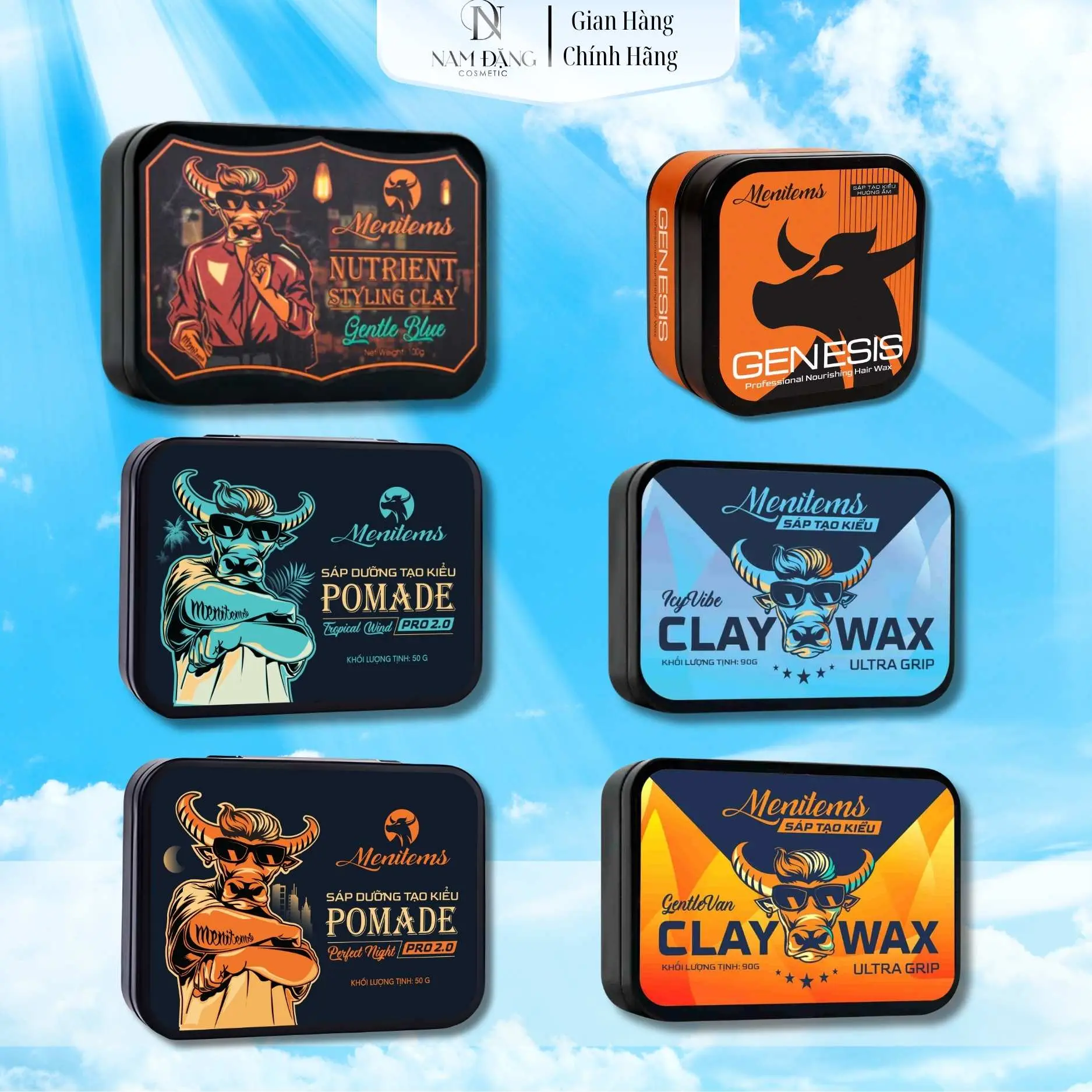 Sáp vuốt tóc Menitems Clay Wax Ultra Grip 90g, Perfect Night, Tropical Wind, Gentle Blue 50g-100g