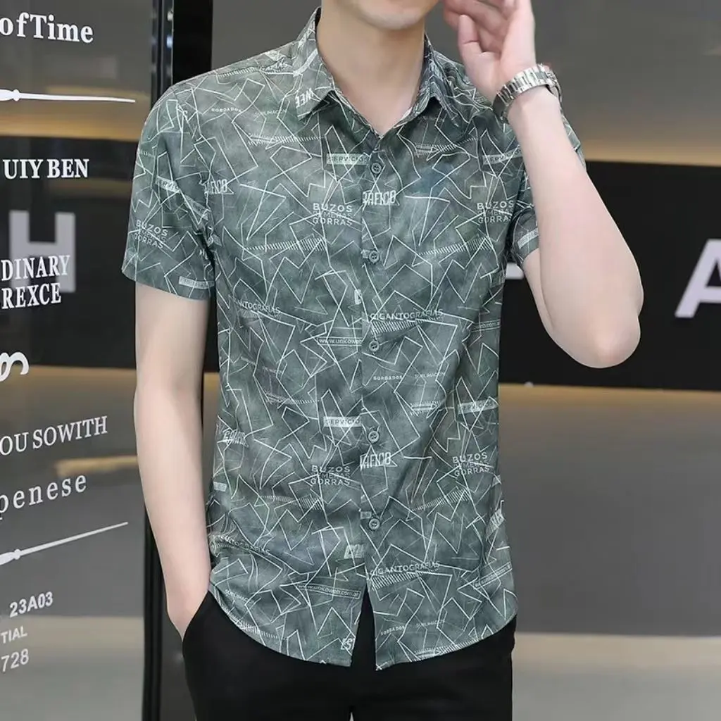 Áo Sơ Mi ngắn Tay, Chất Liệu Lụa Lạnh, Dành Cho Nam Giới, Thương Hiệu Thời Trang Mùa Hè, Áo Sơ Mi In Hình Hợp Xu hướng, Không Sắt, Chống Nhăn, Có Thể Mặc Ngoài Trời, Áo Sơ Mi Cảm Giác Băng Đẹp Trai Ruan, Thích Hợp Cho Nam Giới