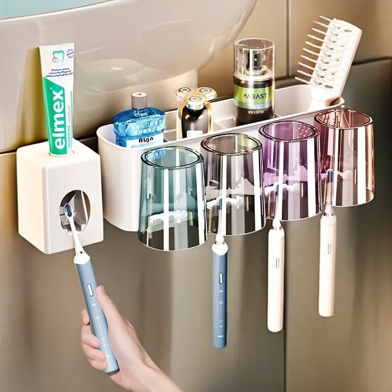 Rak Sikat Gigi Dinding Putih Cream Aesthetic Tanpa Bor Ventilasi Cepat Kering Tutup Debu Tempat Kosmetik Serum Wajah Sisir Gelas Bilas Tahan Lama