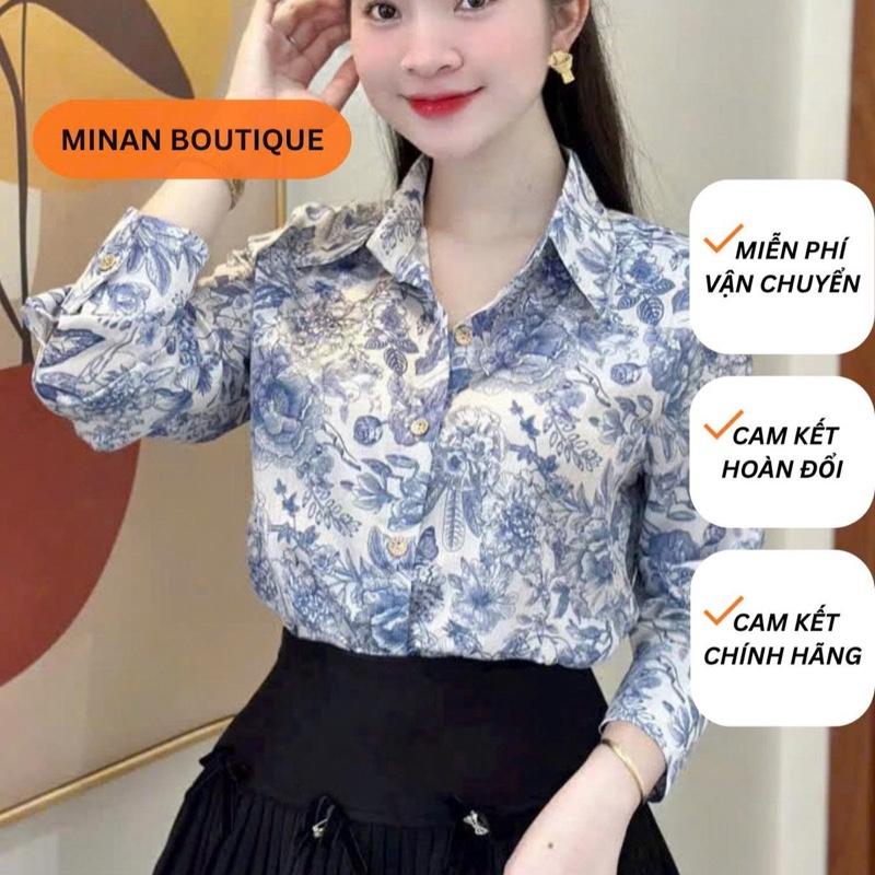 Áo Sơ Mi Lụa Nhăn Hoạ Tiết Hoa Lá Cành Nền Xanh . Áo Sơ Mi Nữ, Hàng Thiết Kế Cao Cấp