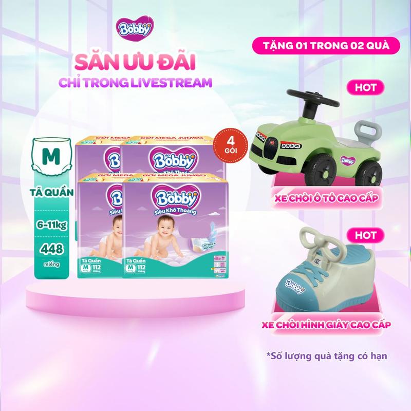   KOL   COMBO 4-TẶNG XE CHÒI OTO XE CHÒI GIÀY  Bobby Tã bỉm quần M112 L96 XL84 XXL76 Siêu khô thoáng  cộng miếng ngẫu nhiên  