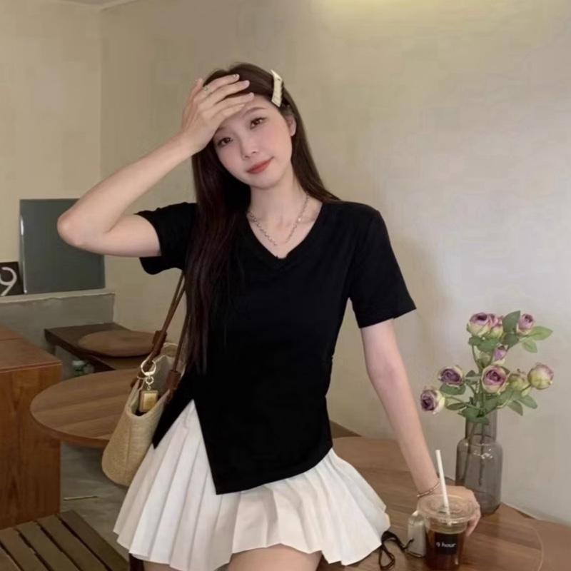 MA11 áo thun nữ vạt chéo V cổ tim Tay ngắn thun tăm siêu co giãn size dưới 53kg