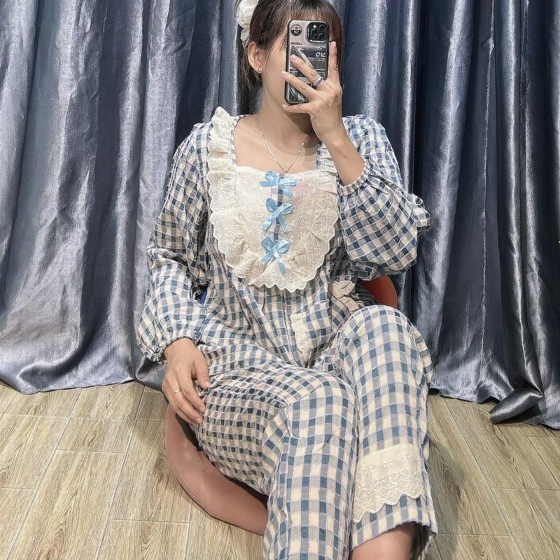 Bộ đũi caro tiểu thư babydoll, bộ mặc nhà dễ thương (40-55kg) quần có túi 8