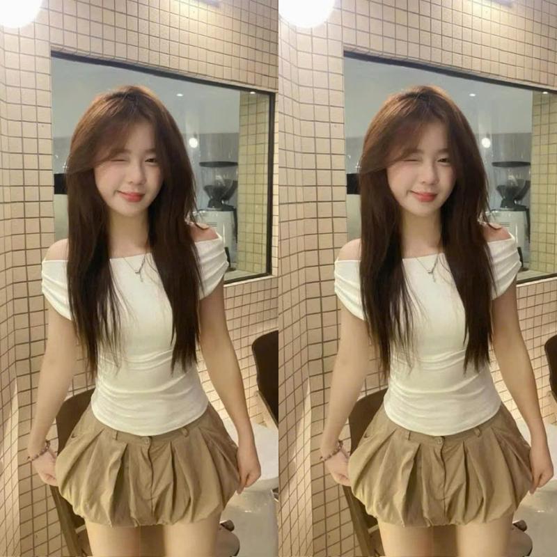 Set Áo Trễ Vai Trắng Kèm Chân Váy Bí Dáng Bồng Dễ Thương 17023