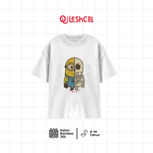Qileshcal - Minion Embroidery effect Kaos Anak Warna Putih Nyaman, Keren dan Stylish dengan Bahan Cotton Bamboo & Sablon DTF QLC071-P