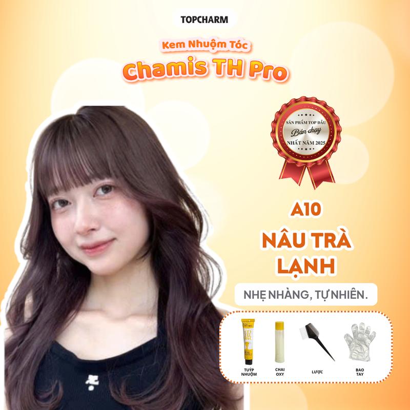  TOPCHARM Kem Nhuộm Tóc Màu NÂU TRÀ LẠNH Phủ Bạc Hạ Nền Chamis TH Pro 5D Màu Thời Trang Không Cần Tẩy Dưỡng Tóc Nữ Chuẩn Salon Găng Tay Oxy A10 