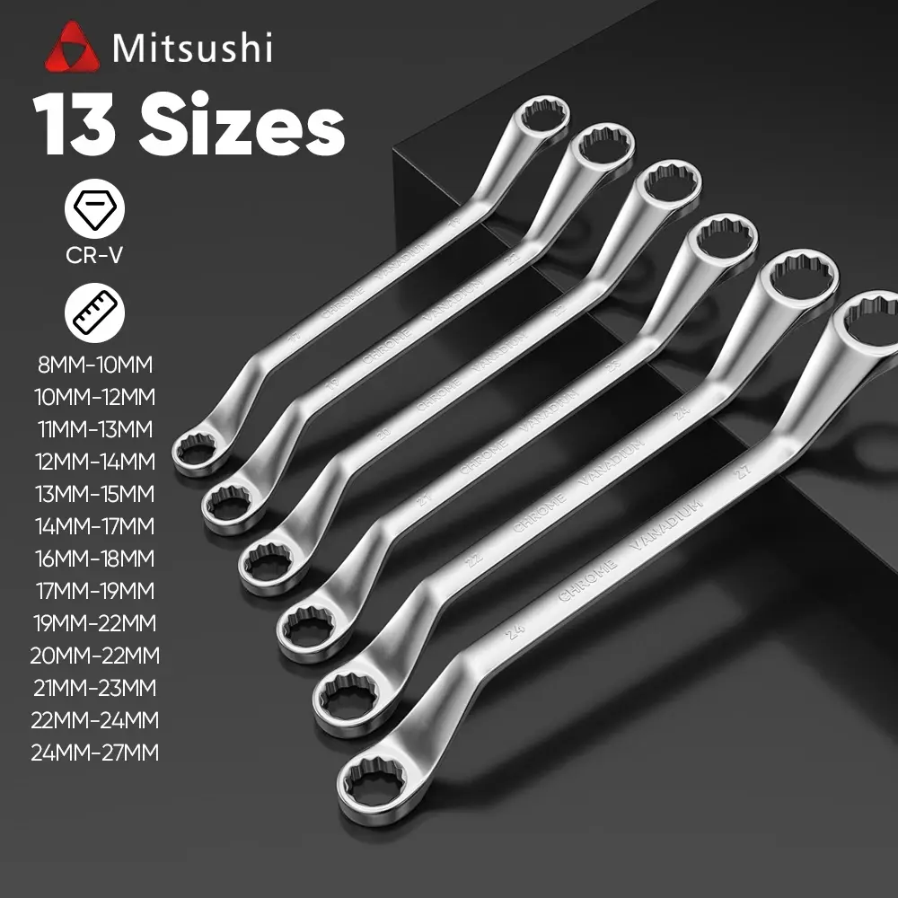 Mitsushi Kunci Ring Pas 8-27mm Alat Perkakas Tools Kunci Ring Pas Multifungsi CR-V 13 Ukuran Lengkap untuk Mesin Mobil & Industri