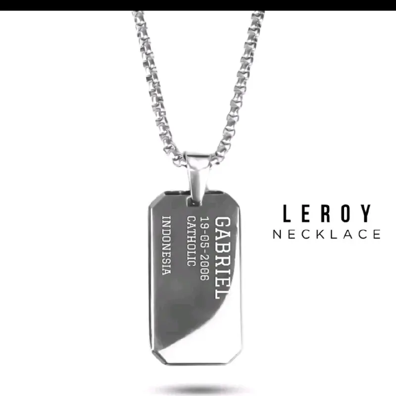 PROJECT NINETYSEVEN - LEROY Necklace - Kalung Bebas Custom Nama Pria, Aksesoris, Jewellery, Anniversary, Mewah, Elegan, Dog Tag, Rantai, Hitam, Putih, Daily, Liontin, Couple, Korean Style (BELI 3 GRATIS 1) 0