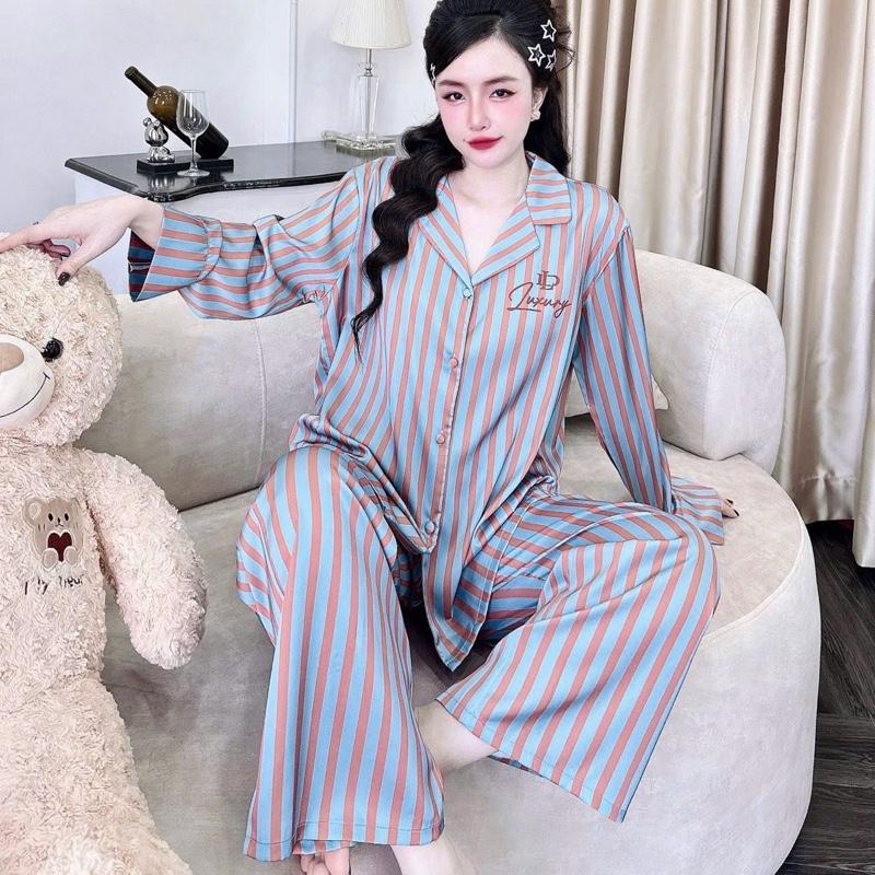  ĐỒ BỘ NỮ PIJAMA – LỤA Hàn Châu–  45-65KG  – TAY DÀI QUẦN DÀI – cổ truyền thống - sọc xanh cam 