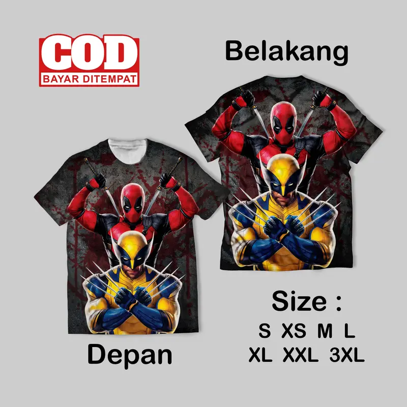 Kaos Fullprin Wolverine Deadpool Wallpaper | Kaos AOP Wolverine Deadpool film Depan belakang 5