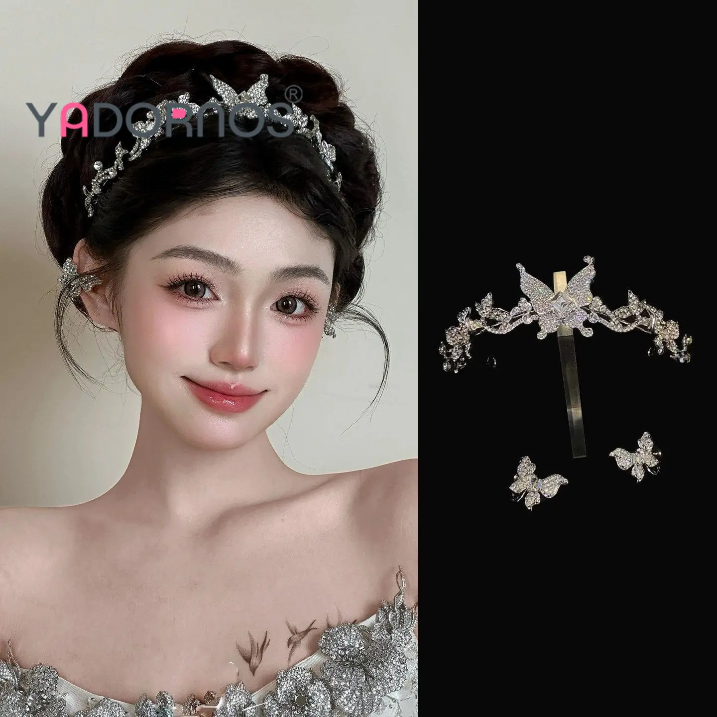 YADORNOS Set Dua Mahkota dan Anting Kupu-Kupu Berlian Zirkon Kilap Perak Berongga Elegan - Set Mahkota Mewah untuk Gaun Pengantin Utama dan Gaun Pesta Malam