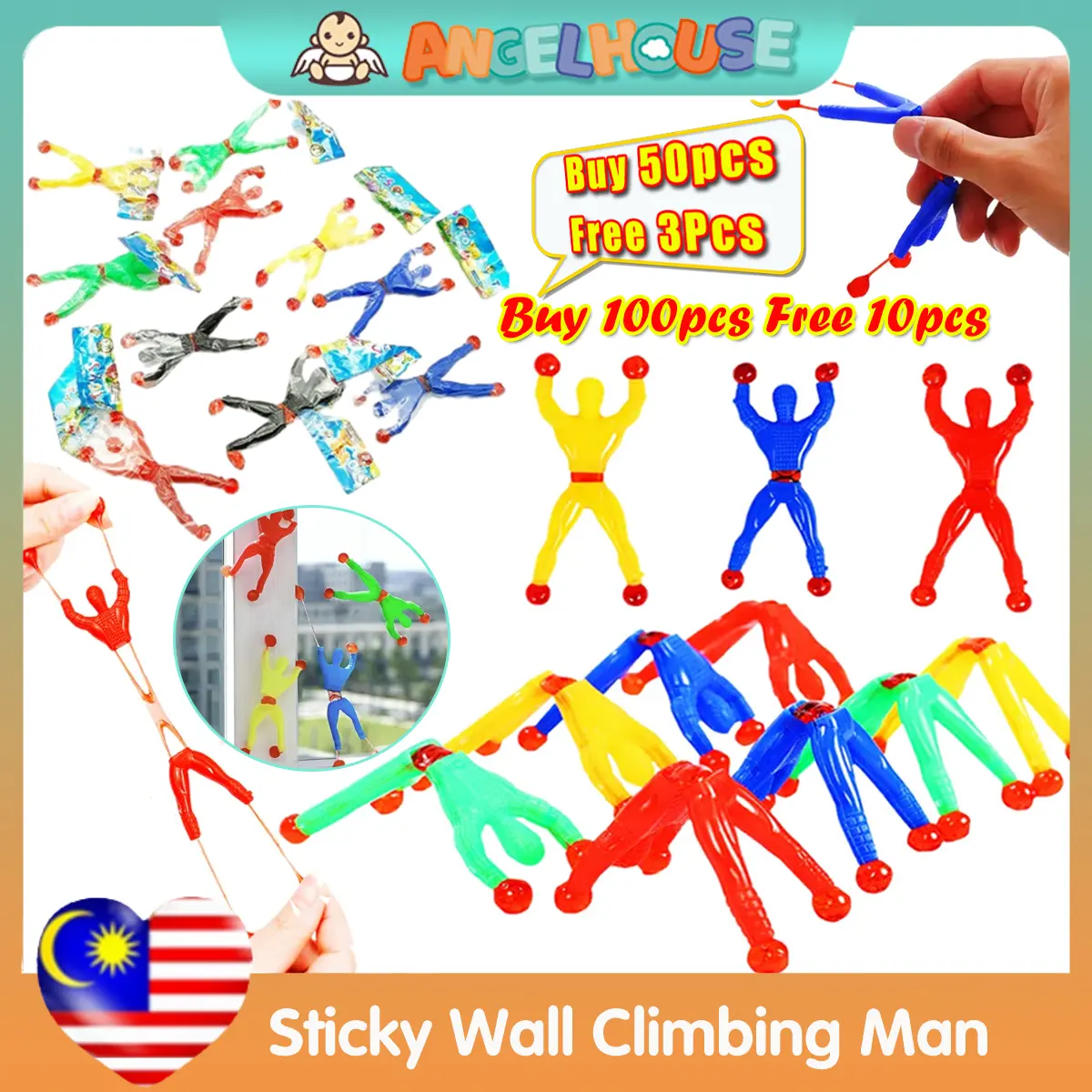 50Pcs Flexible Climb Sticky Men Wall Toy Kids Toys Climbing Flip Plastic Man Sticky Toys Gift  Kids Boy Birthday Party Favors Supplies Pinata Fillers Treat Bag Goody Bag Gifts kanak budak Hadiah Gift Silicone Man Red