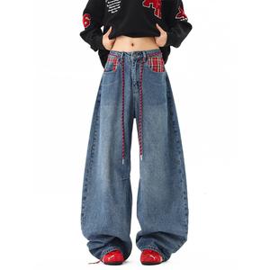 FMATジーンズ春と秋アメリカンレトロストリートスタイルチェック柄パッチワークユニセックスストレートレッグパンツ